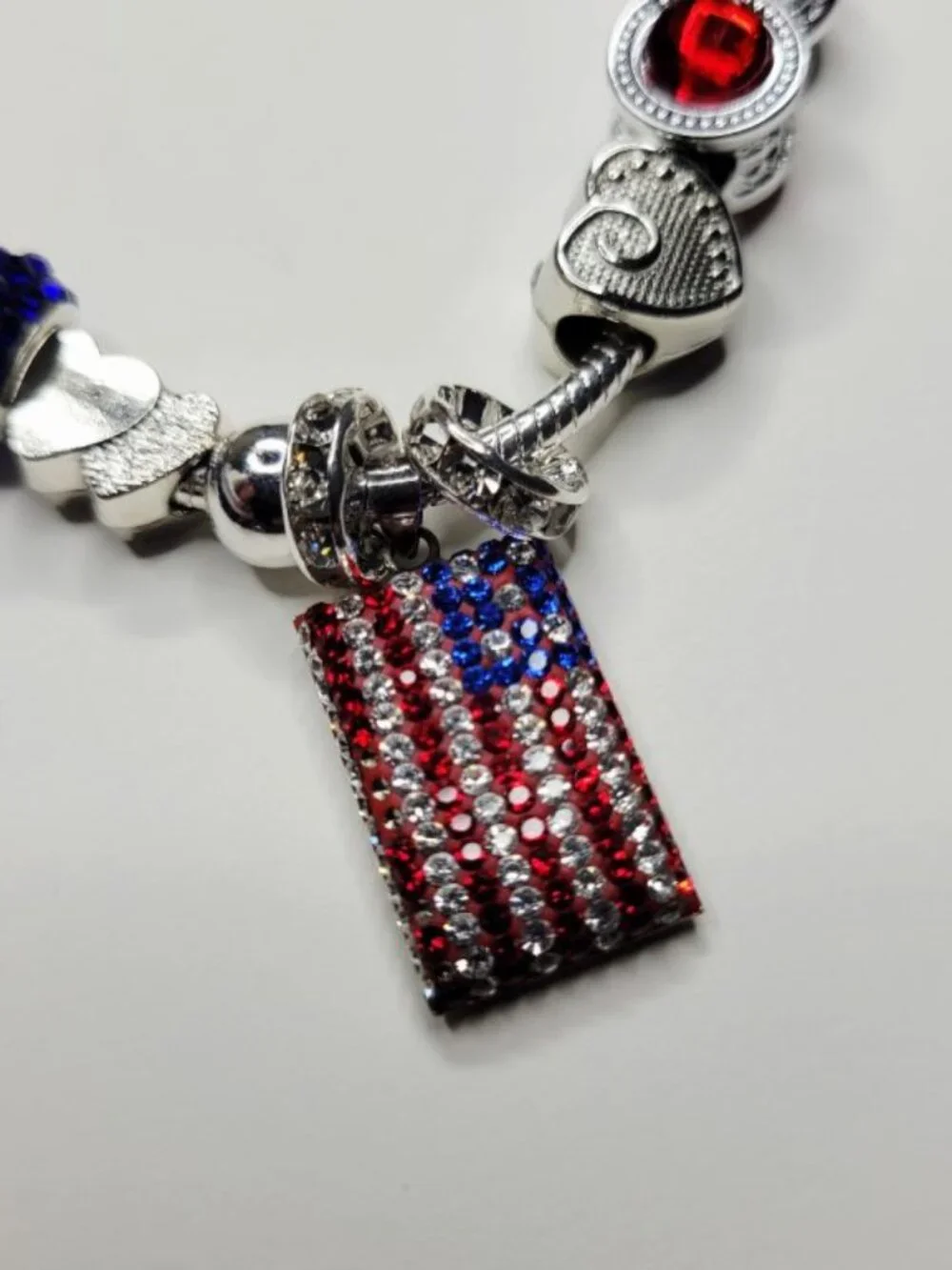 NWT Patriotic Pandora Style Charm Bracelet American Flag Red White Blue America
